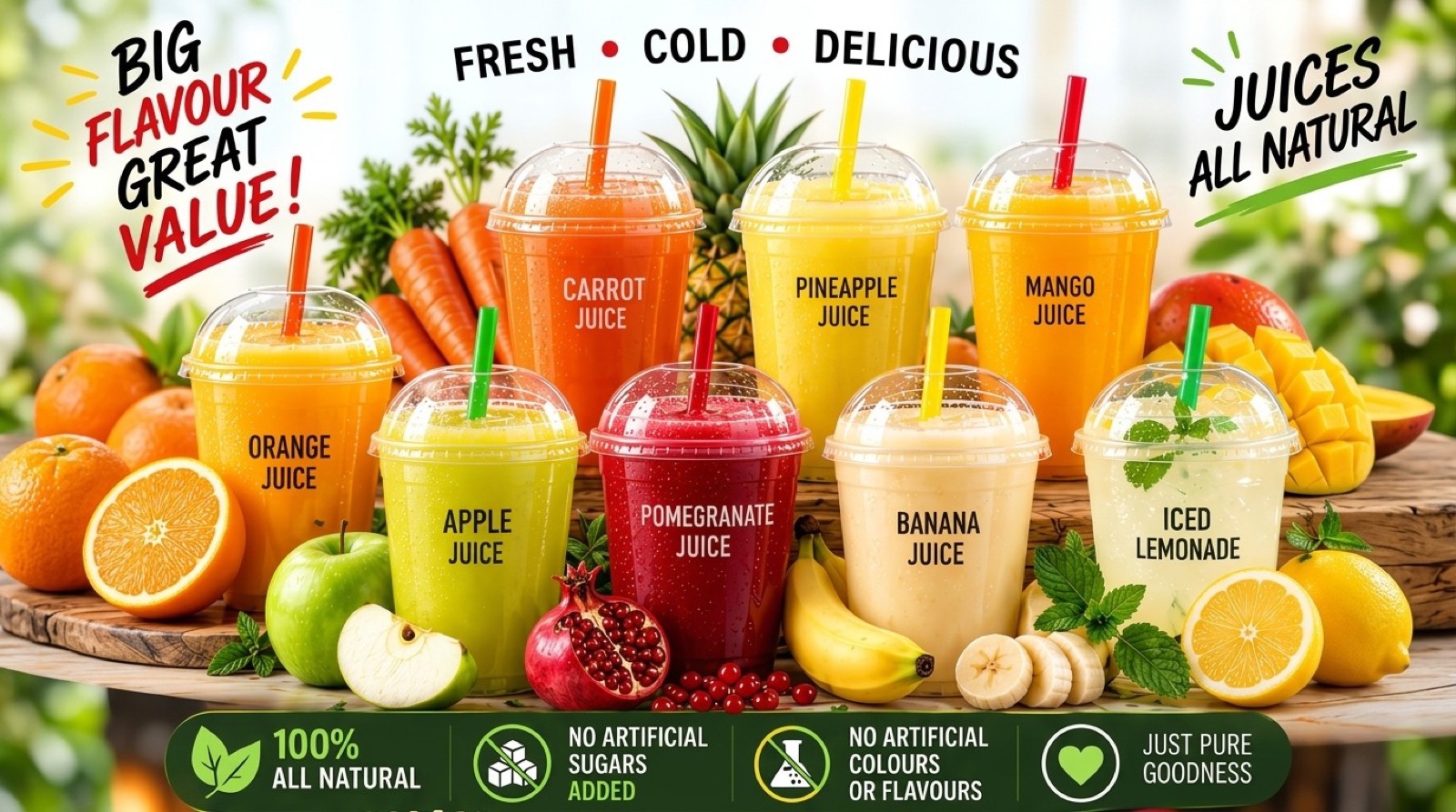 Orange, carrot, pineapple, mango, apple, pomegranate, banana juice and iced lemonade with fresh fruit